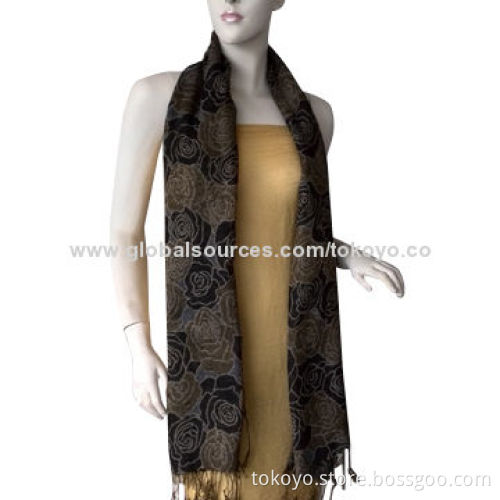Cotton scarves with jacquard hibiscus pattern, environment-friendly, 180*70+8cm tassels